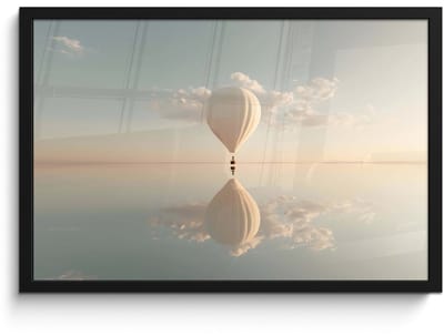 Poster in lijst - Fotolijst 60x40 cm - Posters - Luchtballon - Wolken - Water - Blauw - Posterlijst zwart - Decoratie - Wanddecoratie woonkamer - Muurdecoratie slaapkamer