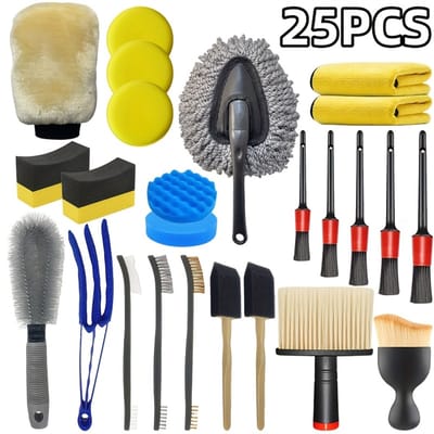 Dutchers® 25-delige Autoreinigingsset – Complete Auto Onderhoud & Poetsset – Wasborstel auto - Washandschoenen, Borstels, Sponsen & Polijstpads – Autopoets Gereedschap voor Interieur & Exterieur