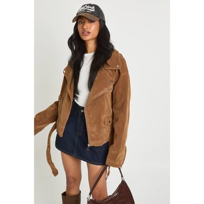 boohoo Dames Vintage Suede-look oversized bikerjas | Tan | Maat: 10