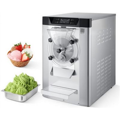 VEVOR Commerciële ijsmachine 2000 W 12–20 l/u, tafelmodel gelato-maker met 6 liter roestvrijstalen container (304) en zelfreinigend LED-bedieningspaneel voor snackbars en restaurants, zilverkleurig