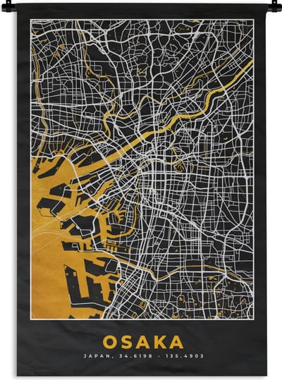 Wandkleed - Wanddoek - Osaka - Kaart - Stadskaart - Plattegrond - Goud - 120x180 cm - Wandtapijt