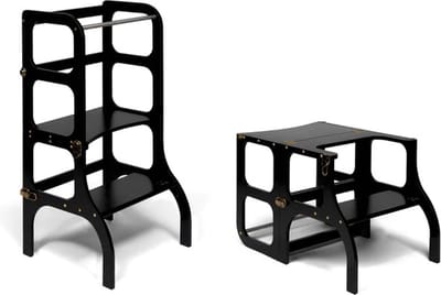 Ette Tete Step 'n Sit - Leertoren - Zwart met messing clips - Inklapbaar tot tafel en stoel - Learning Tower - Montessori inspired - Keukentrap - Keukenhulp - Leerstoel - Veilig -Duurzaam