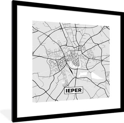 Fotolijst incl. Poster Zwart Wit- Zwart Wit – België – Plattegrond – Stadskaart – Kaart – Ieper - 40x40 cm - Posterlijst