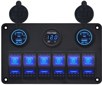 ProRide Schakelpaneel 12V voor Auto/Boot - USB C Lader 4 poorten met Voltmeter - 65W/QC3.0 - 6 Schakelaars
