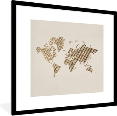 Poster in lijst - Fotolijst 40x40 cm - Posters - Wereldkaart - Touw - Beige - Posterlijst zwart - Decoratie - Wanddecoratie woonkamer - Muurdecoratie slaapkamer