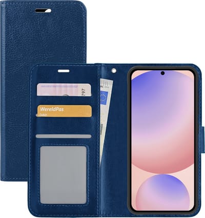 Hoesje - Met Pasjeshouder - Geschikt voor Samsung Galaxy S24 FE - Luxe Bookcase Portemonee - Flip Case - Kunstleer Book Case - Flipcase - Book Cover - Walletcase - Portemonneehoes - Donkerblauw