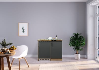 Goedkope keuken 100  cm - mini keuken met apparatuur Levin - Eiken/Grijs - keramische kookplaat  - koelkast          - kleine keuken - compacte keuken - keukenblok met apparatuur