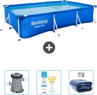 Bestway Rechthoekig Steel Pro Zwembad - 300 x 201 x 66 cm - Blauw - Inclusief Pomp - Testrips - Solarzeil
