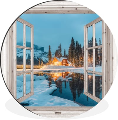 WallCircle - Wandcirkel - Muurcirkel - Doorkijk - Winterlandschap - Natuur - Huis - Bergen - Aluminium - Dibond - 30x30 cm - Binnen en Buiten