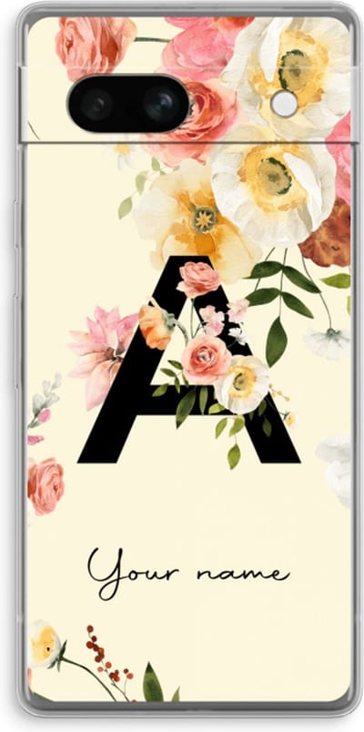 Gepersonaliseerd - Case Company® - Hoesje geschikt voor Google Pixel 7A hoesje - Flirty Flowers Monogram - Soft Cover Telefoonhoesje - Bescherming aan alle Kanten en Schermrand
