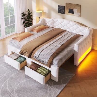 HAUSS SPOLE Tagesbed 90x200 cm - Uitschuifbaar Tot 180x200 cm met Led en 2 Laden - Zonder Matras - Gestoffeerd - Wit