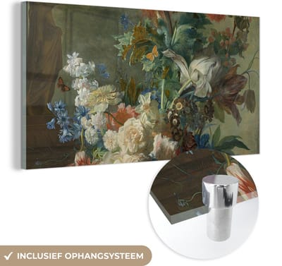 MuchoWow® Glasschilderij 40x20 cm - Schilderij acrylglas - Stilleven met bloemen - Schilderij van Jan van Huysum - Foto op glas - Schilderijen