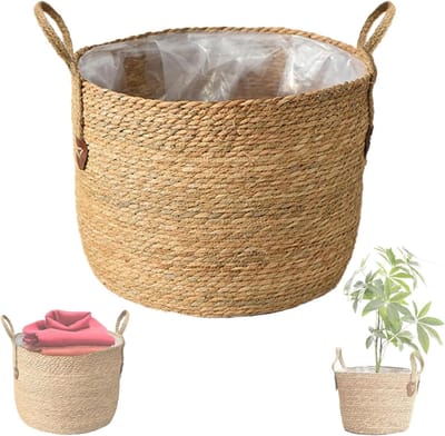 Famanu – Plantenmand gevlochten rotanlook rond met voering voor binnen gebruik naturel