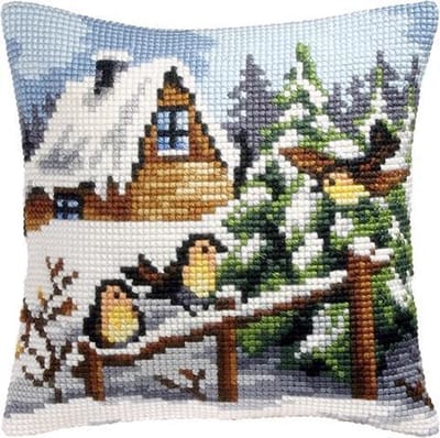 kruissteekkussen 9035 wintertafereel, drie vogels