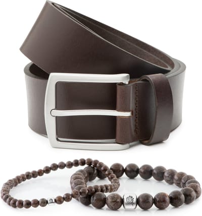 DTCH.FIT Kralen armband Bill Brown one size & Leren riem Levi Donkerbruin - 4cm breed - 85cm - Totale lengte 100cm