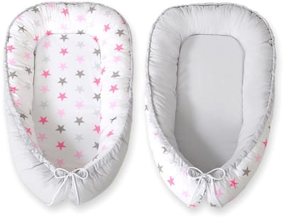 Babynestje dubbelzijdig Premium Cocoon voor baby's BOBONO- sterren roze-grijs/grijs