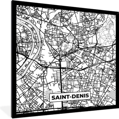 Fotolijst incl. Poster Zwart Wit- Stadskaart - Frankrijk - Kaart - Saint-Denis - Plattegrond - Zwart wit - 40x40 cm - Posterlijst