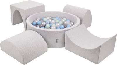 KiddyMoon schuimspeelplaats met rond ballenbad (300 ballen) ballenbakken voor baby's speelbad hindernisbanen, made in the eu, lichtgrijs:pearl/grey/transparent/babyblue/minze