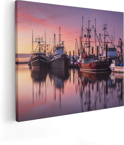 Artaza Canvas Schilderij Zonsondergang Haven - 50x40 cm - Wanddecoratie Boten - Muurdecoratie Zee - Schilderijen Op Canvas