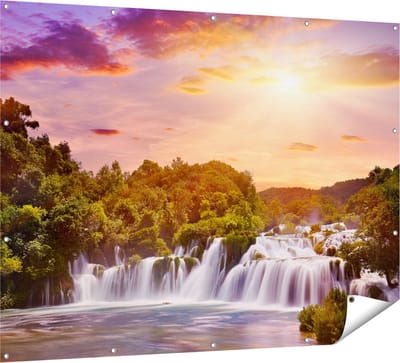 Gards Tuinposter Watervallen in het Bos - 160x120 cm - Tuindoek - Tuindecoratie - Wanddecoratie buiten - Tuinschilderij