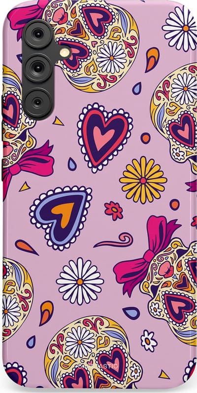Casetastic hoesje geschikt voor Samsung Galaxy A34 (2023) 5G - Dubbellaagse bescherming - Dia de los Muertos Doodshoofd Strik - Fashion Case - Lichtroze Lila Taupe Zilver