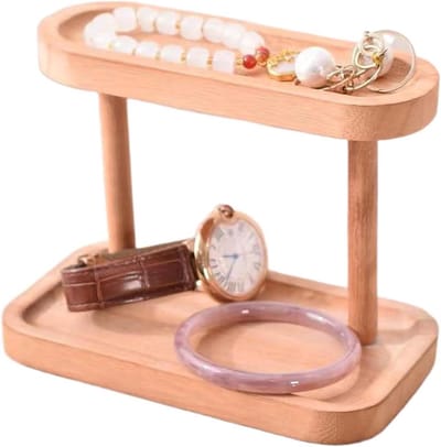 Houten Organizer - Sleutelbakje Display - Sieraden Opbergen - Dubbellaags Ontwerp - 17x10x13cm - Houtkleur