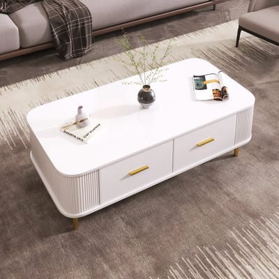 MODENUIT Salontafel - 4 Lades En Afgeronde Hoeken - Voor Woonkamer - MDF Wit Met Goudkleurige Poten - 105x51x38 cm