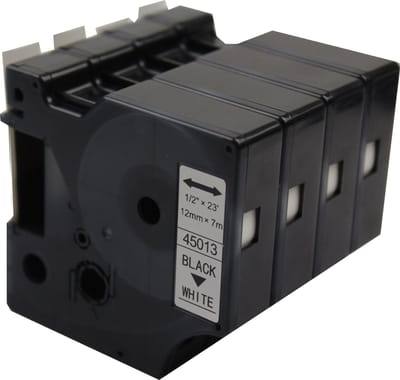 KATRIZ® huismerk label tape voor Dymo 45013 | LabelManager PNP/LabelPoint 150/Protable Labeler PL200/RhinoPRO 5200/6000 | Zwart op Wit | 12mm*7m | 4 stuks