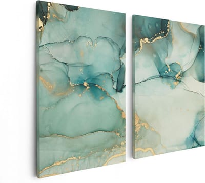 Artaza Canvas Schilderij Tweeluik Abstracte Kunst - Blauwe Marmer met Goud - 80x60 - Foto Op Canvas - Canvas Print