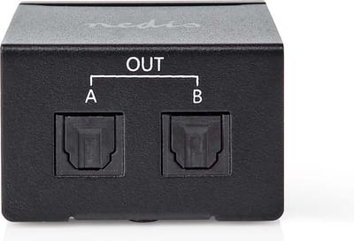 Nedis TosLink-Splitter - 2-wegs - Ingangen audio / video / data: TosLink Female - Uitgangen audio / video / data: 2x TosLink - Drukknop - Metaal - Zwart