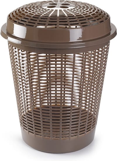 Plasticforte Wasmand met deksel - 50 liter - bruin - rond - D45 x H57 cm - opbergmand