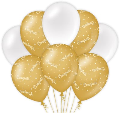 BTH - Latex Ballonnen - Congrats - Goud-Wit - Ballonnen - Verjaardag - 90 Jaar Versiering Verjaardag - Decoratie - 8 st.