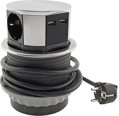 Verticale Stekkerdoos met USB - Pop up stekkerblok met 3 stopcontacten en 2 USB - Ø 100mm Inbouw Verdeelstekker met 1.5 meter kabel - Stekkerblok voor max. 3600 Watt