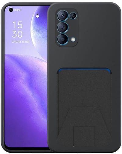 Geschikt voor Oppo Reno 5 5G Telefoonhoesje met Verstelbare Leren Pasjeshouder - Flexible Back Cover Case Siliconen TPU with Adjustable Leather Cardslot - Zwart - Smartphonica geschikt voor Oppo Reno5 5G
