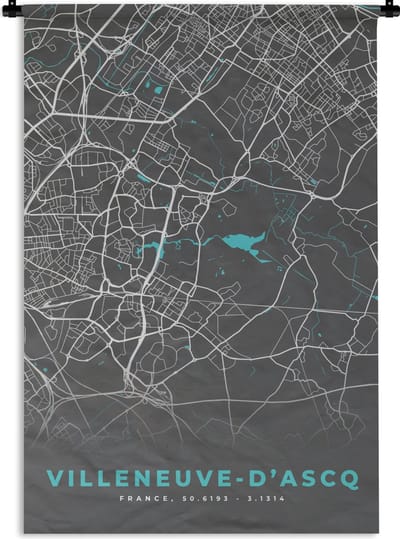 Wandkleed - Wanddoek - Villeneuve-d'Ascq - Frankrijk - Stadskaart - Kaart - Plattegrond - 120x180 cm - Wandtapijt