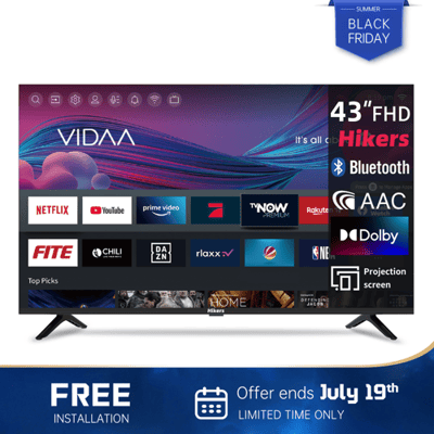 Hikers Smart TV 43 Inch (108 cm) FHD WiFi VIDAA Randloze TV met Drievoudige Tuner (DVB-C/S2/T2), Molotov, Netflix, Prime Video, Disney+, YouTube