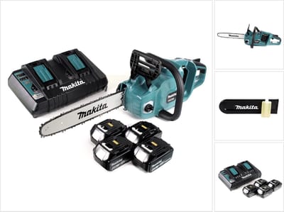 Makita DUC353PG4 - 36V ( 2x18V ) accu-kettingzaag 35 cm + 4x 6.0 Ah BL1860B accu + DC18RD dubbele lader borstelloos