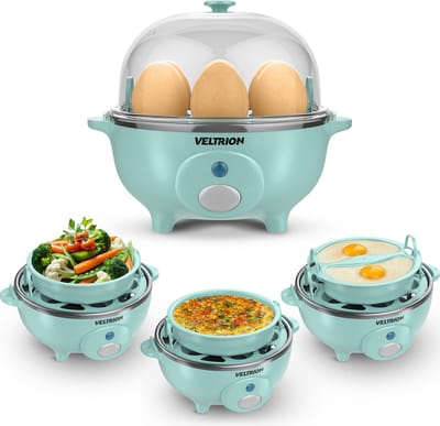 Veltrion Elektrische Eierkoker - Kook tot 7 Eieren - Koken, Pocheren, Roerei & Omelet - Incl. Timer en Slimme Maatbeker - Vaatwasserbestendig - Blauw
