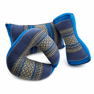 Meditatieset 3-delig blauw grijs – hard & stevig kapok – Thaise yogakussens set – bone, nek- en rugkussen – voor yoga, meditatie en ontspanning