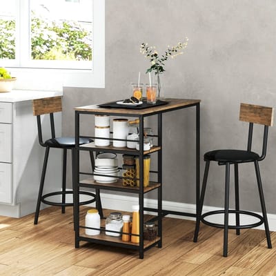 Sweiko Bartafel set - 3-delig - Tafel + 2 stoel - 3 plank - MDF + metalen frame - Zwart + bruin