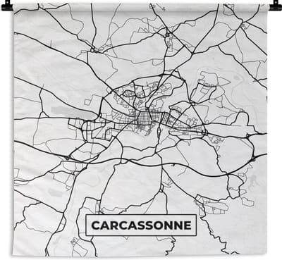 Wandkleed - Wanddoek - Frankrijk - Kaart - Plattegrond - Carcassonne - Stadskaart - Zwart wit - 180x180 cm - Wandtapijt