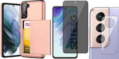 Hoesje met Pasjeshouder geschikt voor Samsung Galaxy S21 FE - Privacy Screenprotector FullGuard & Camera Lens Screen Protector - Back Cover SlideCase Roségoud