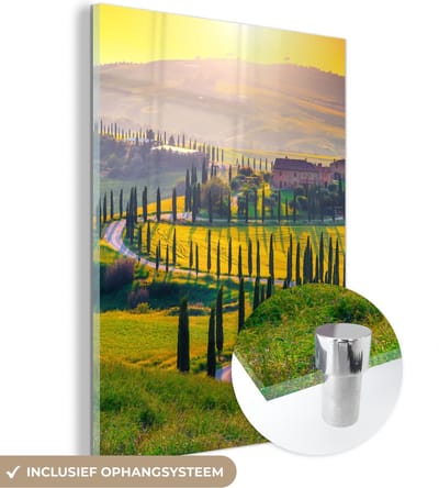 MuchoWow® Glasschilderij 30x40 cm - Schilderij acrylglas - Gras - Zon - Heuvel - Landschap - Foto op glas - Schilderijen