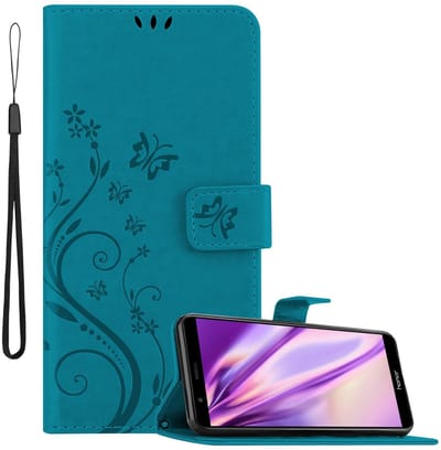 Cadorabo Hoesje geschikt voor Honor 7X in BLOEMEN BLAUW - Beschermhoes in bloemmotief met magnetische sluiting, standfunctie en kaartsleuven Book Case Cover Etui