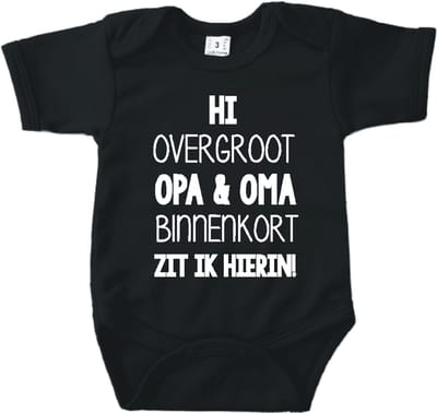 Baby romper met tekst zwangerschap aankondiging | Hi overgroot opa en oma binnenkort zit ik hierin | Zwart | korte mouw | maat 56 cadeautje zwangerschap aankondiging bekendmaking | Cadeautje 100% katoen.