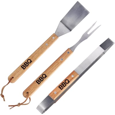 alpina BBQ Set 3-Delig - Barbecue Gereedschap Met Spatel, Tang En Vleesvork - BBQ Accessoires Roestvrijstaal En Hout