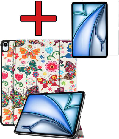 Hoesje - Geschikt voor Apple iPad Air (2024/2025/2026) - 11 inch - Met Screenprotector - Hardcover Book Case - Trifold Bookcase Hoes - Hard Cover - Tablethoes - Vlinders