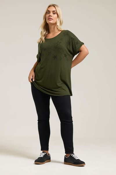Yours Khaki Groen Sterrenprint Tshirt Met Aangeknipte Mouwen Size 44