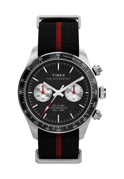 Timex Waterbury Heritage Chronograph Quartz Chronograaf Horloge Zwart En Zilverkleurig Kast Gemaakt Van 100% Roestvrij Staal En Een Armband Van 100% Stof 39 TW2Y38900AJ, TW2Y39000AJ