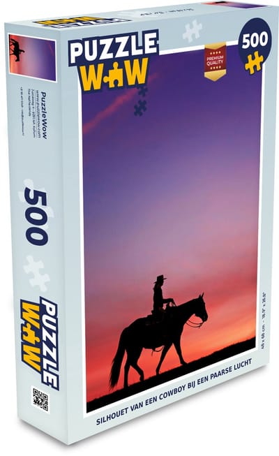 Puzzel Silhouet van een cowboy bij een paarse lucht - Legpuzzel - Puzzel 500 stukjes